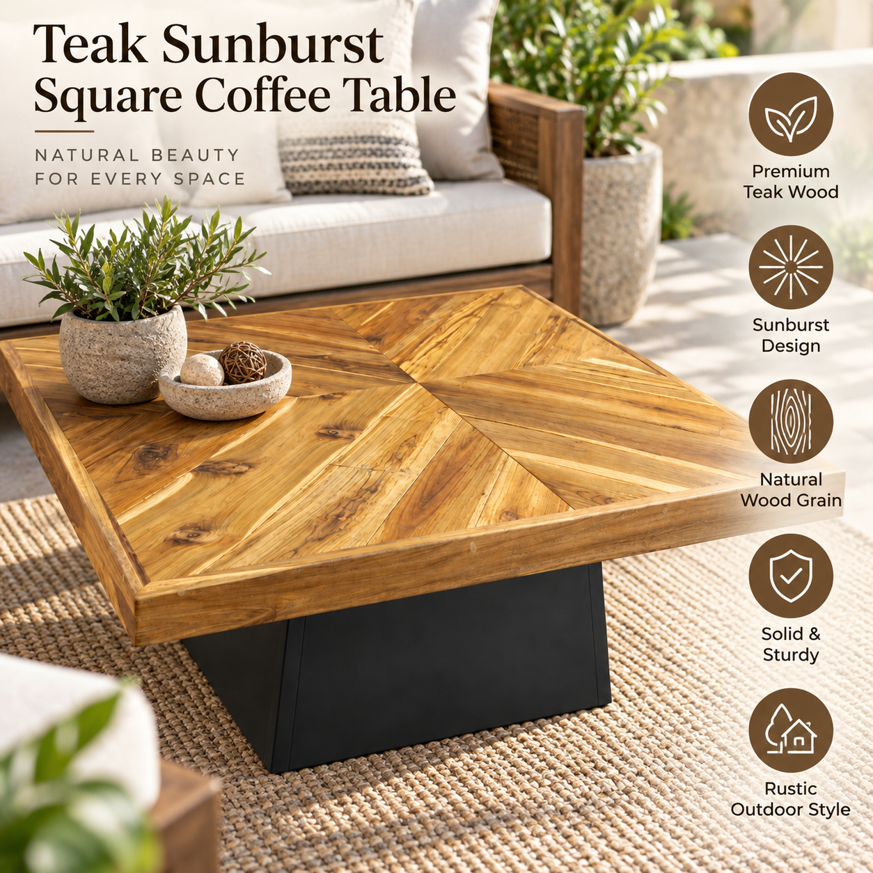 Teak Sunburst Square Coffee Table – Rustic Solid Wood Patio Center Table
