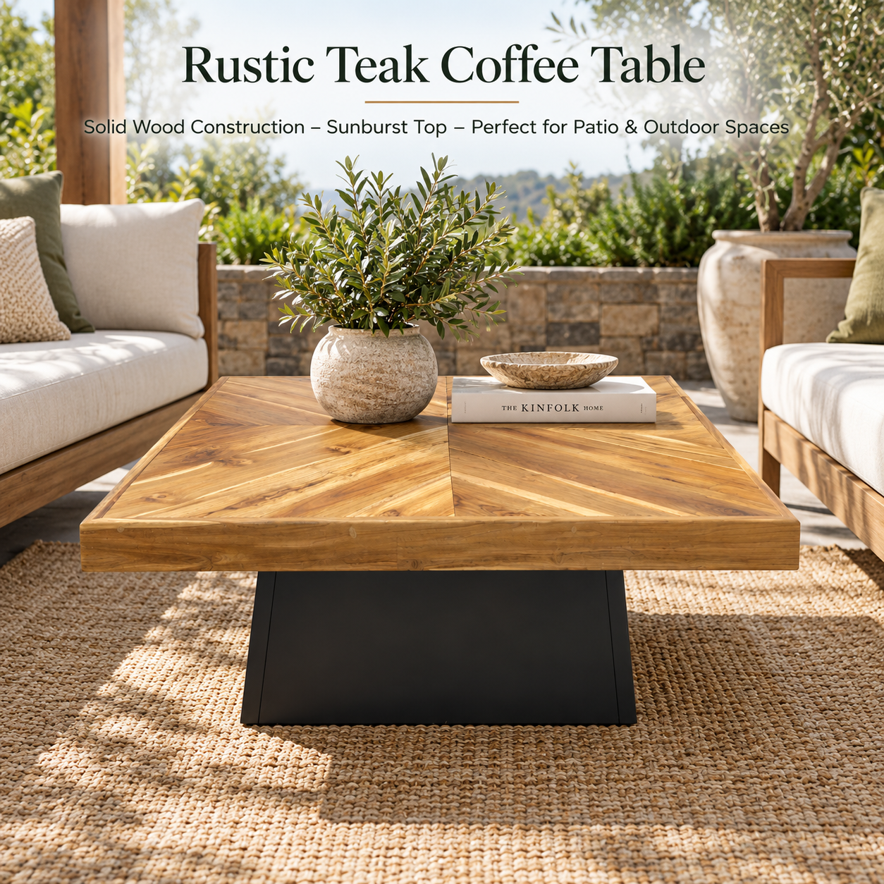 Teak Sunburst Square Coffee Table – Rustic Solid Wood Patio Center Table