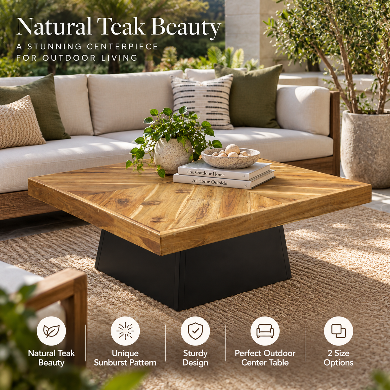 Teak Sunburst Square Coffee Table – Rustic Solid Wood Patio Center Table
