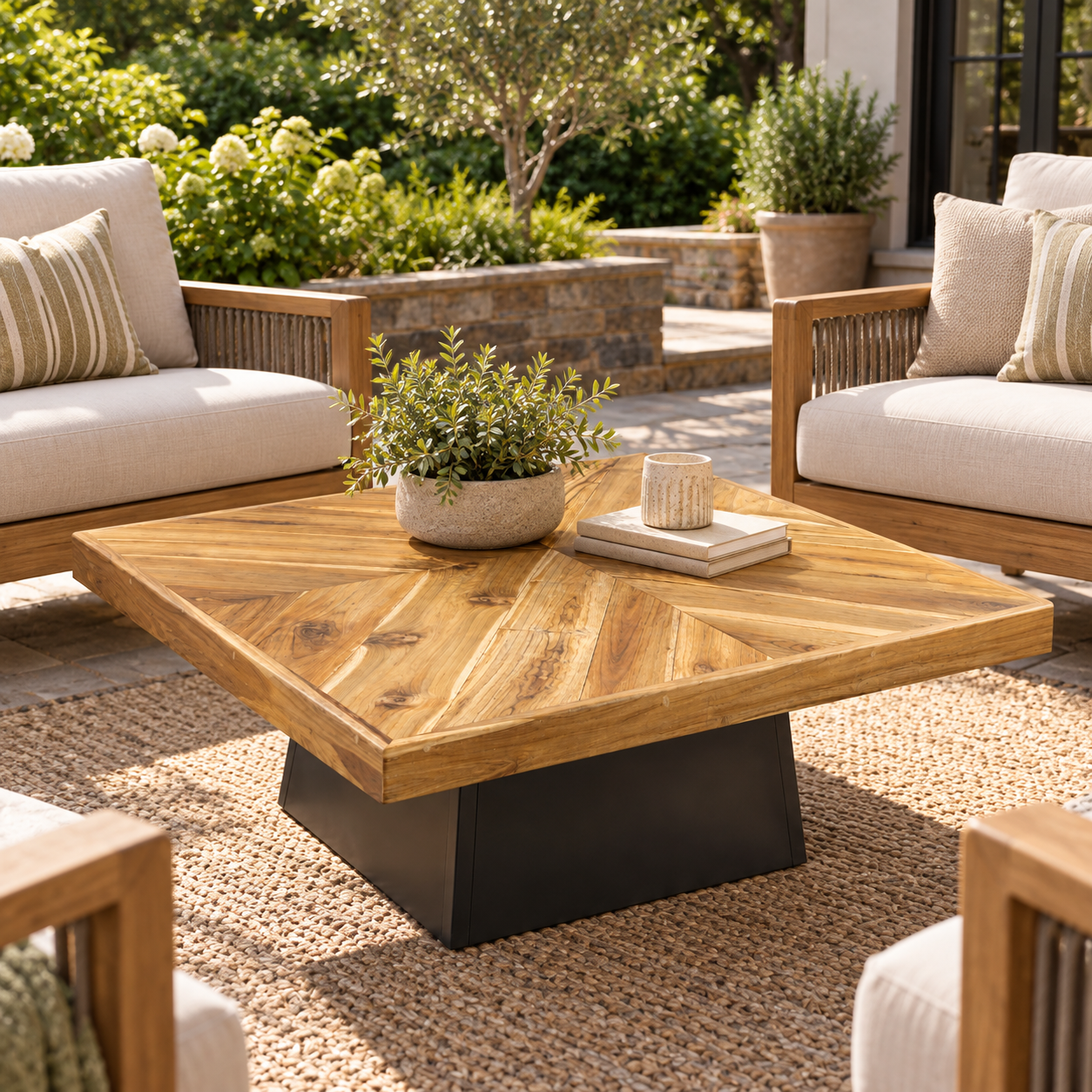 Teak Sunburst Square Coffee Table – Rustic Solid Wood Patio Center Table
