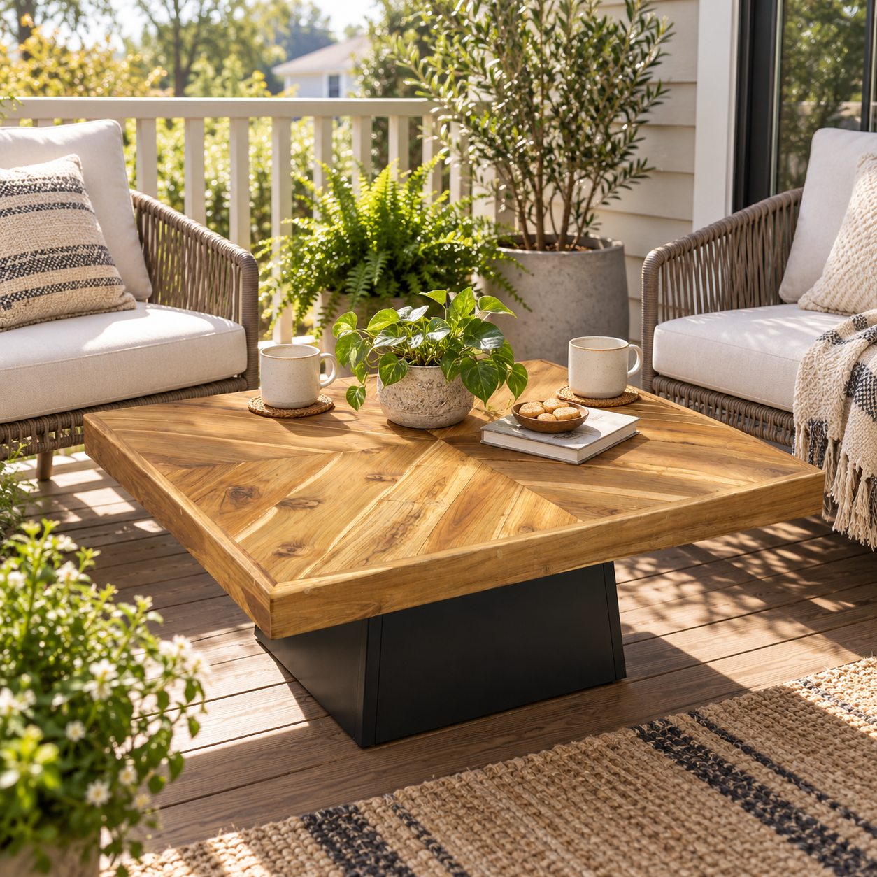 Teak Sunburst Square Coffee Table – Rustic Solid Wood Patio Center Table