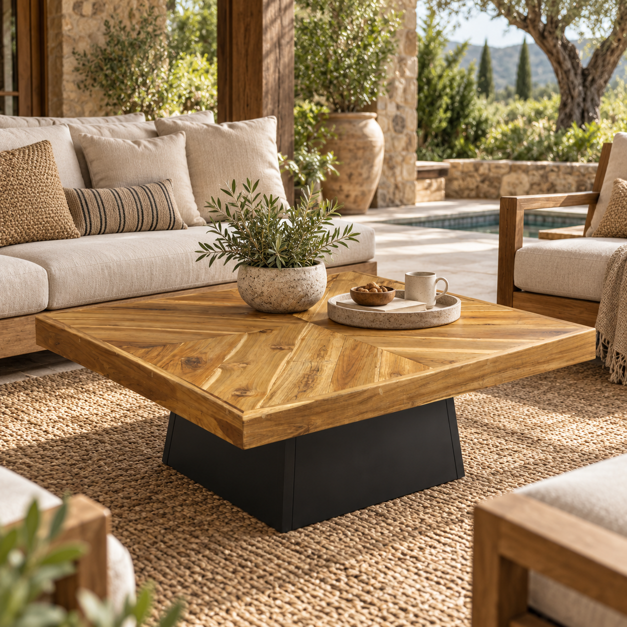 Teak Sunburst Square Coffee Table – Rustic Solid Wood Patio Center Table