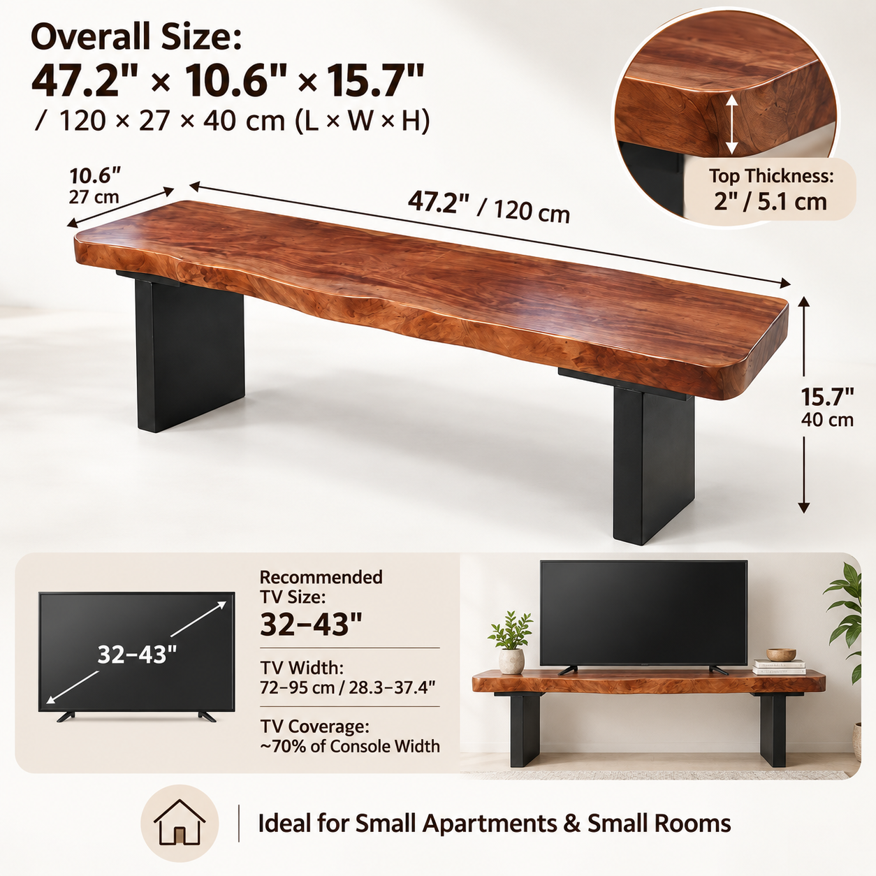 Live Edge Solid Wood TV Stand 2" Thick – Black Leg Rustic Media Console