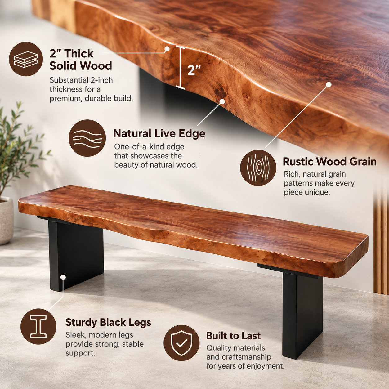 Live Edge Solid Wood TV Stand 2" Thick – Black Leg Rustic Media Console