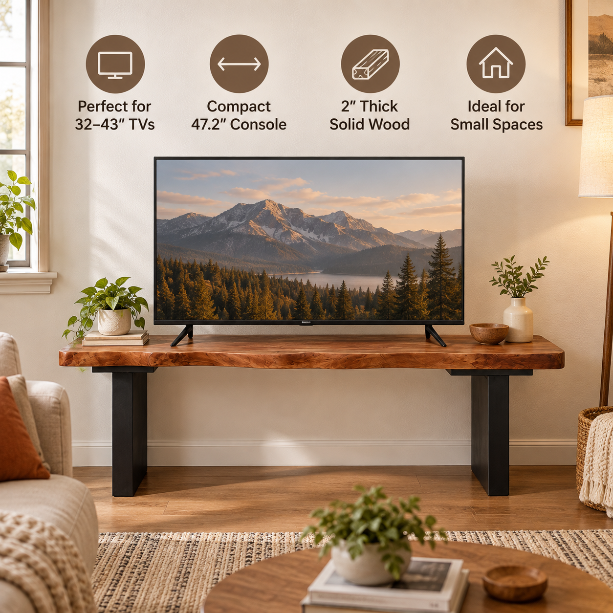Live Edge Solid Wood TV Stand 2" Thick – Black Leg Rustic Media Console