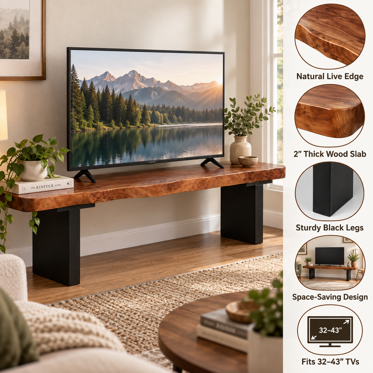 Live Edge Solid Wood TV Stand 2" Thick – Black Leg Rustic Media Console