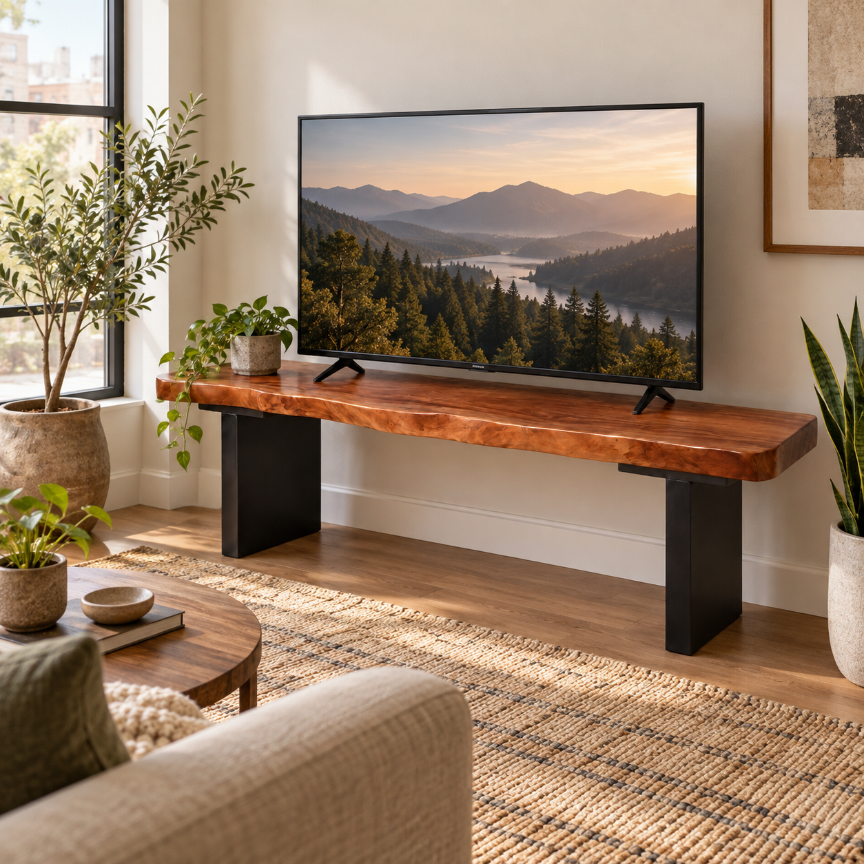 Live Edge Solid Wood TV Stand 2" Thick – Black Leg Rustic Media Console