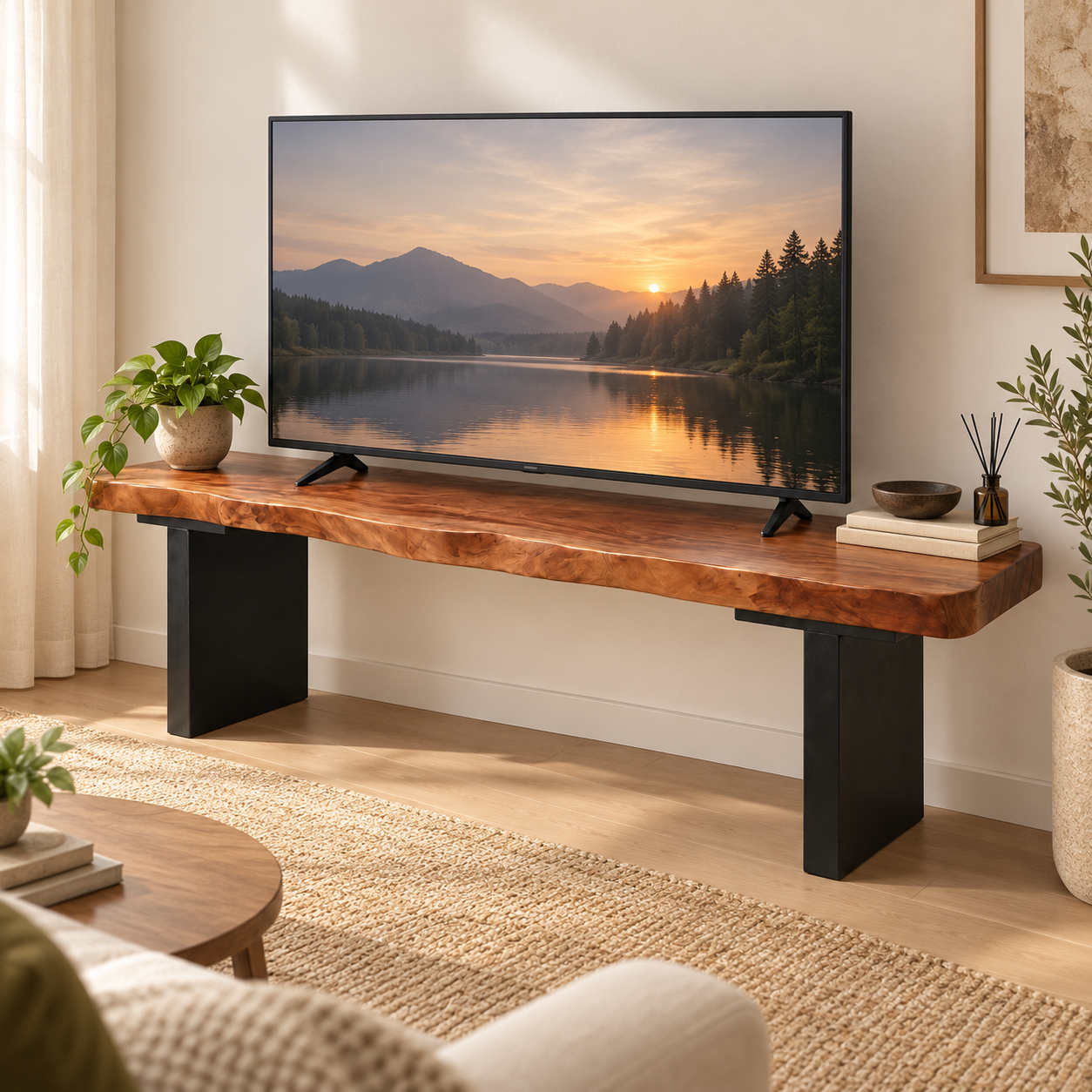 Live Edge Solid Wood TV Stand 2" Thick – Black Leg Rustic Media Console