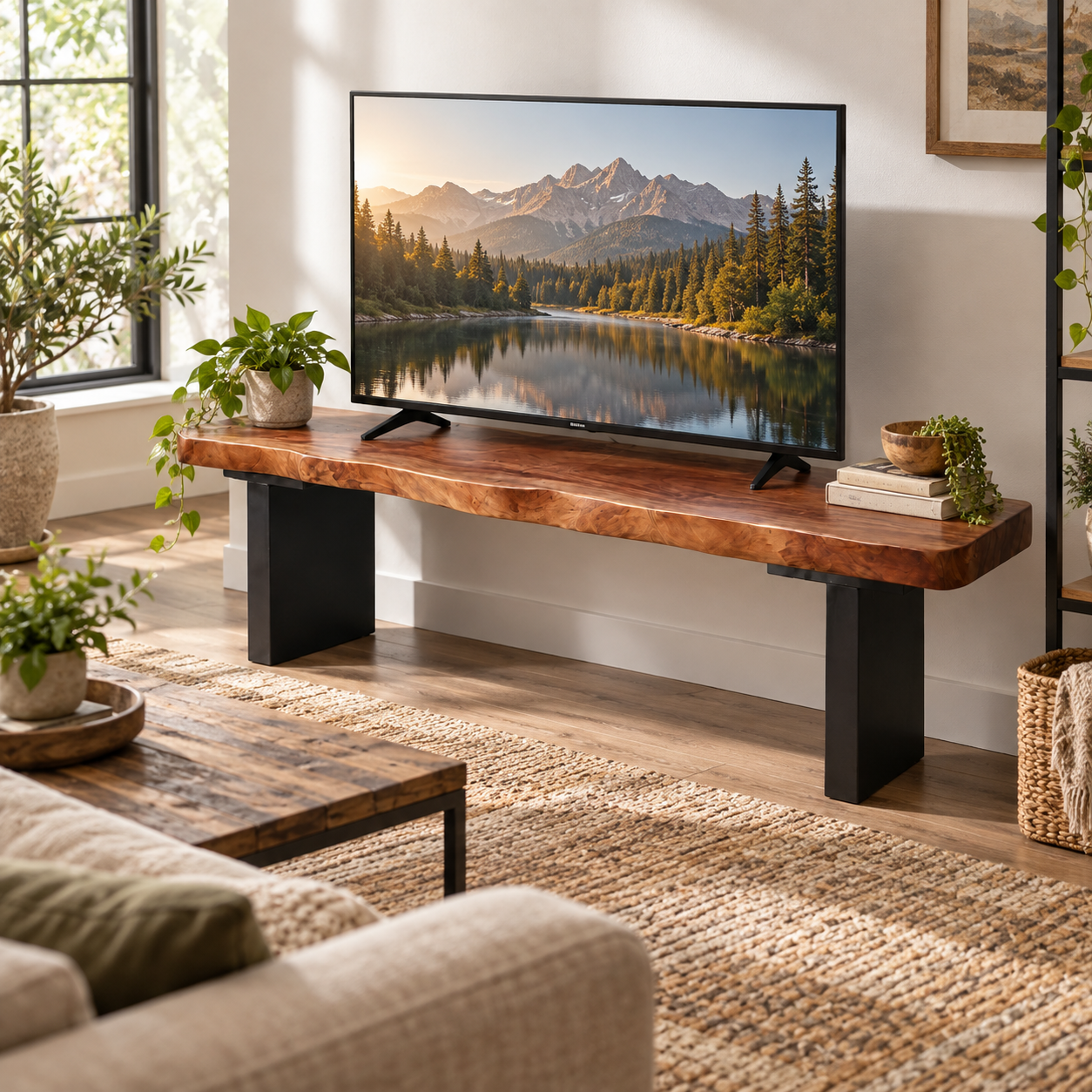 Live Edge Solid Wood TV Stand 2" Thick – Black Leg Rustic Media Console