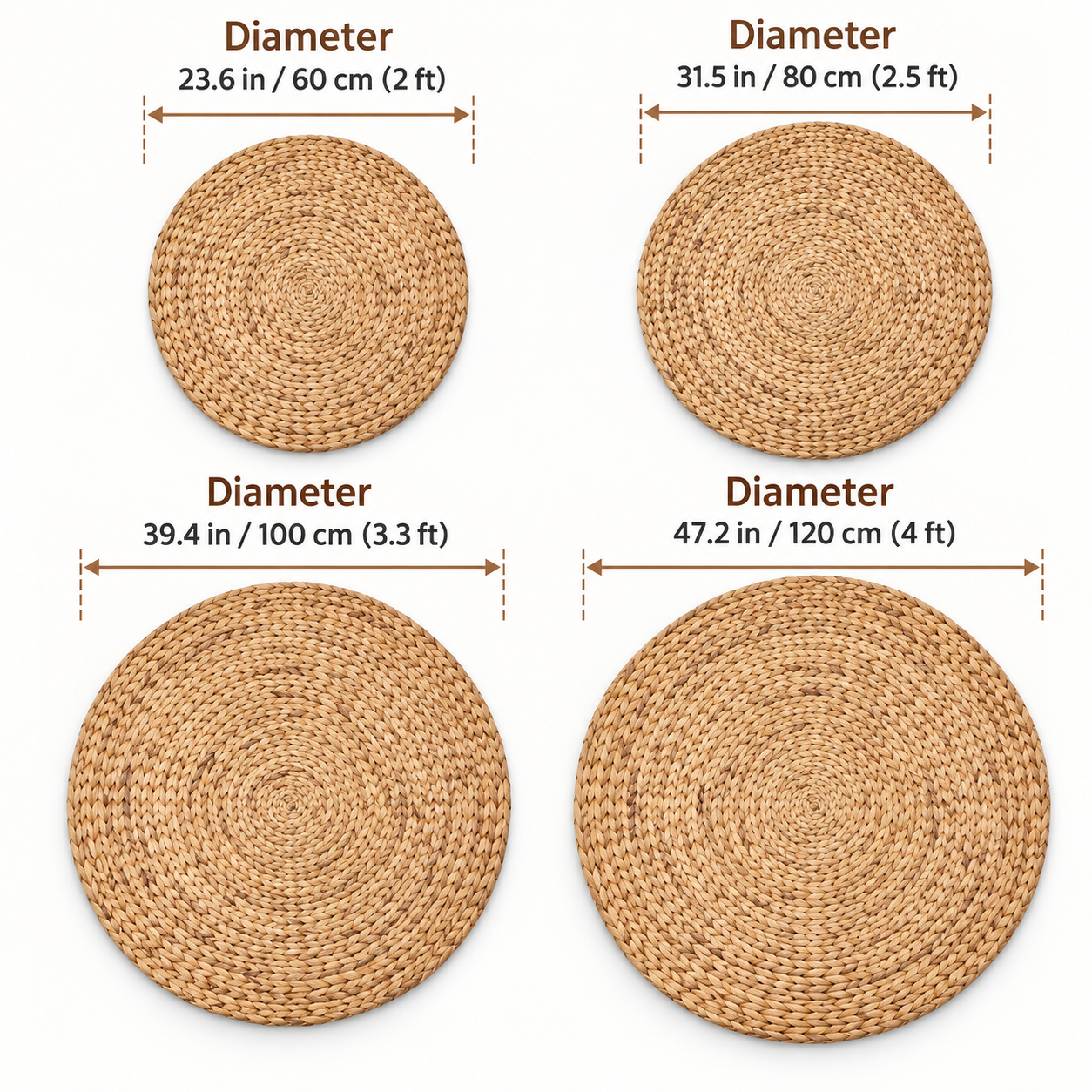 Set of 2 Water Hyacinth Area Rug – Natural Woven Boho Floor Mat, Round