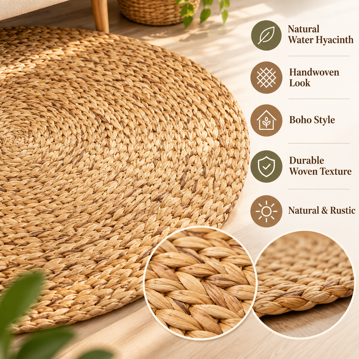 Set of 2 Water Hyacinth Area Rug – Natural Woven Boho Floor Mat, Round