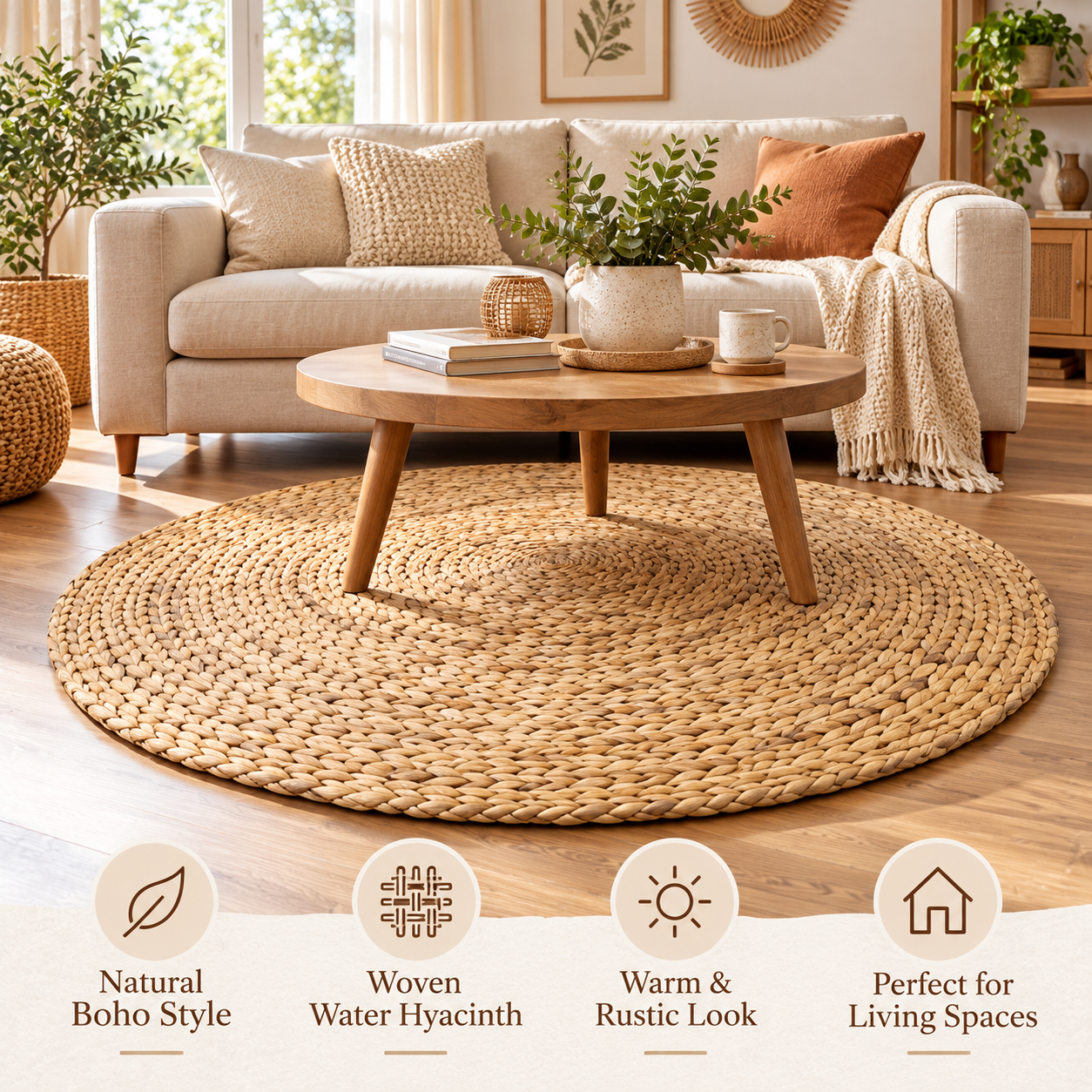 Set of 2 Water Hyacinth Area Rug – Natural Woven Boho Floor Mat, Round