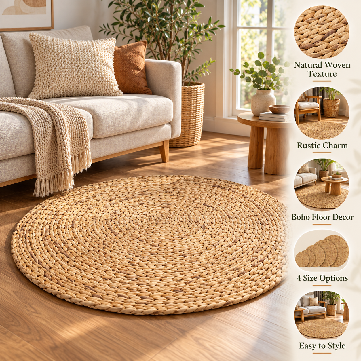 Set of 2 Water Hyacinth Area Rug – Natural Woven Boho Floor Mat, Round