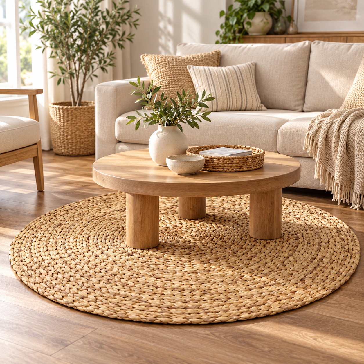 Set of 2 Water Hyacinth Area Rug – Natural Woven Boho Floor Mat, Round