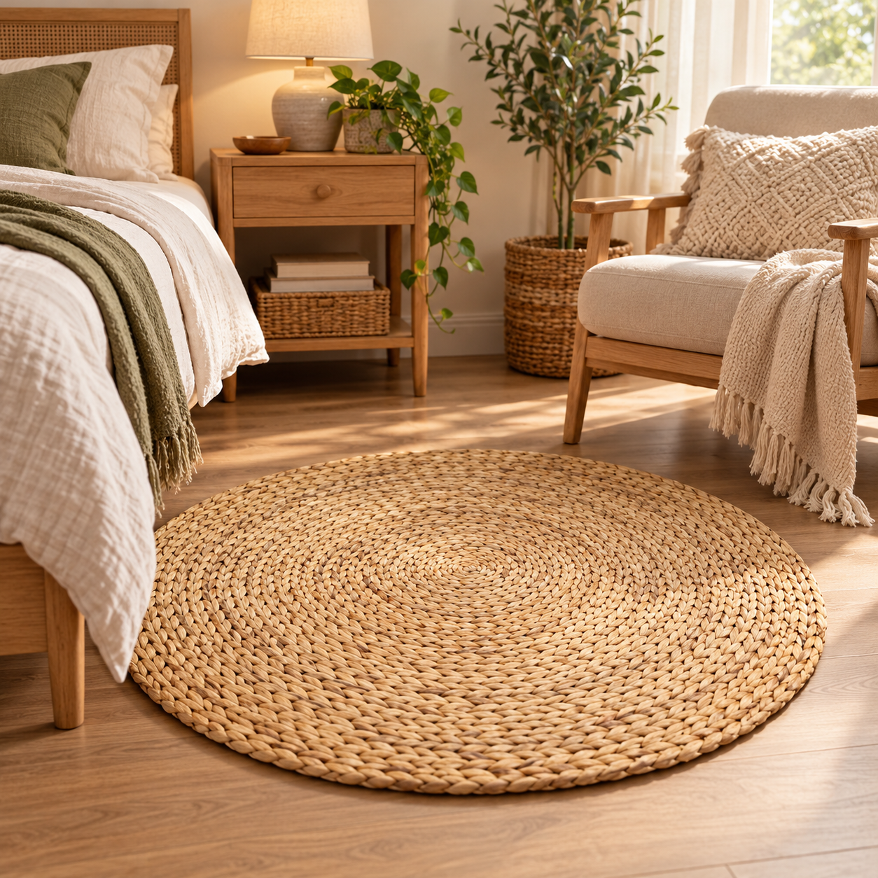 Set of 2 Water Hyacinth Area Rug – Natural Woven Boho Floor Mat, Round