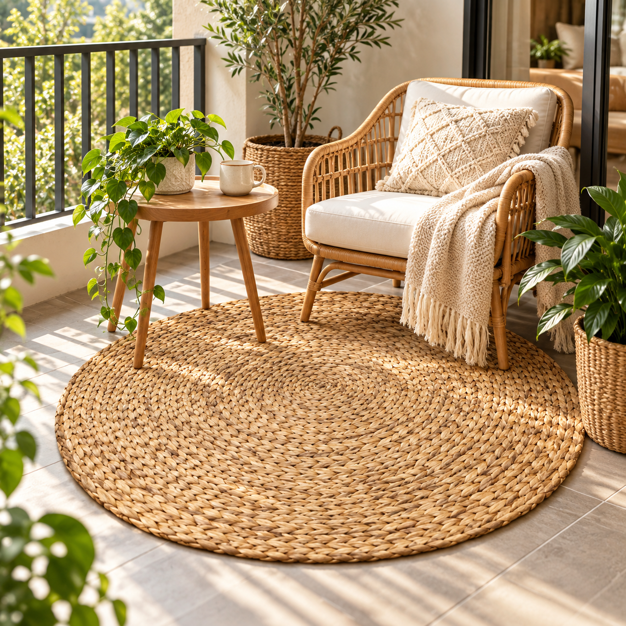 Set of 2 Water Hyacinth Area Rug – Natural Woven Boho Floor Mat, Round