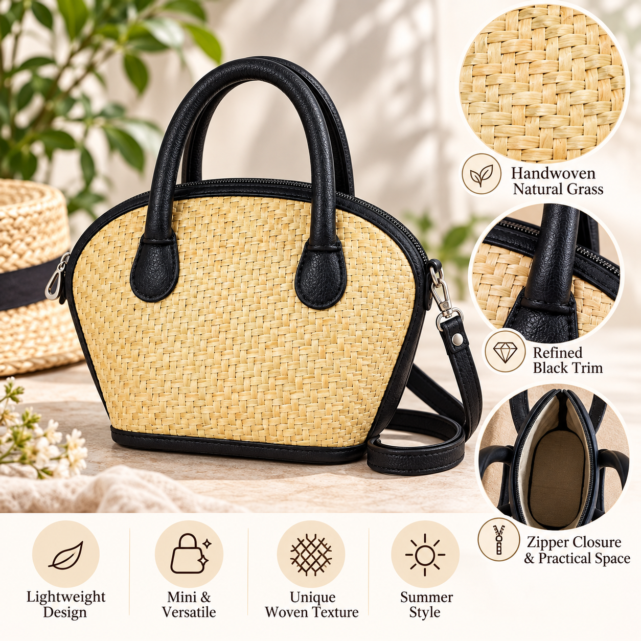 Mini Woven Straw Handbag – Handmade Natural Grass Summer Tote Bag