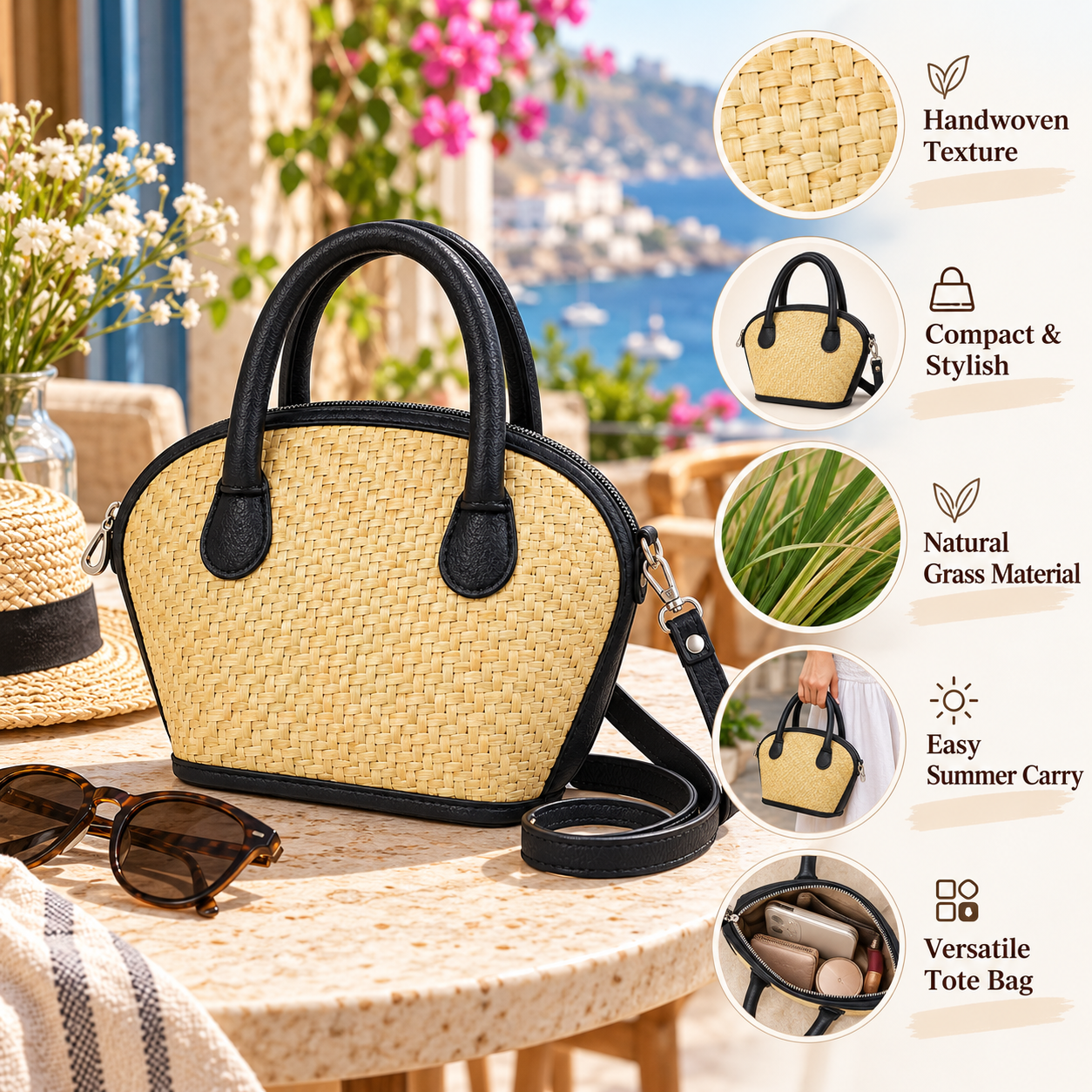 Mini Woven Straw Handbag – Handmade Natural Grass Summer Tote Bag