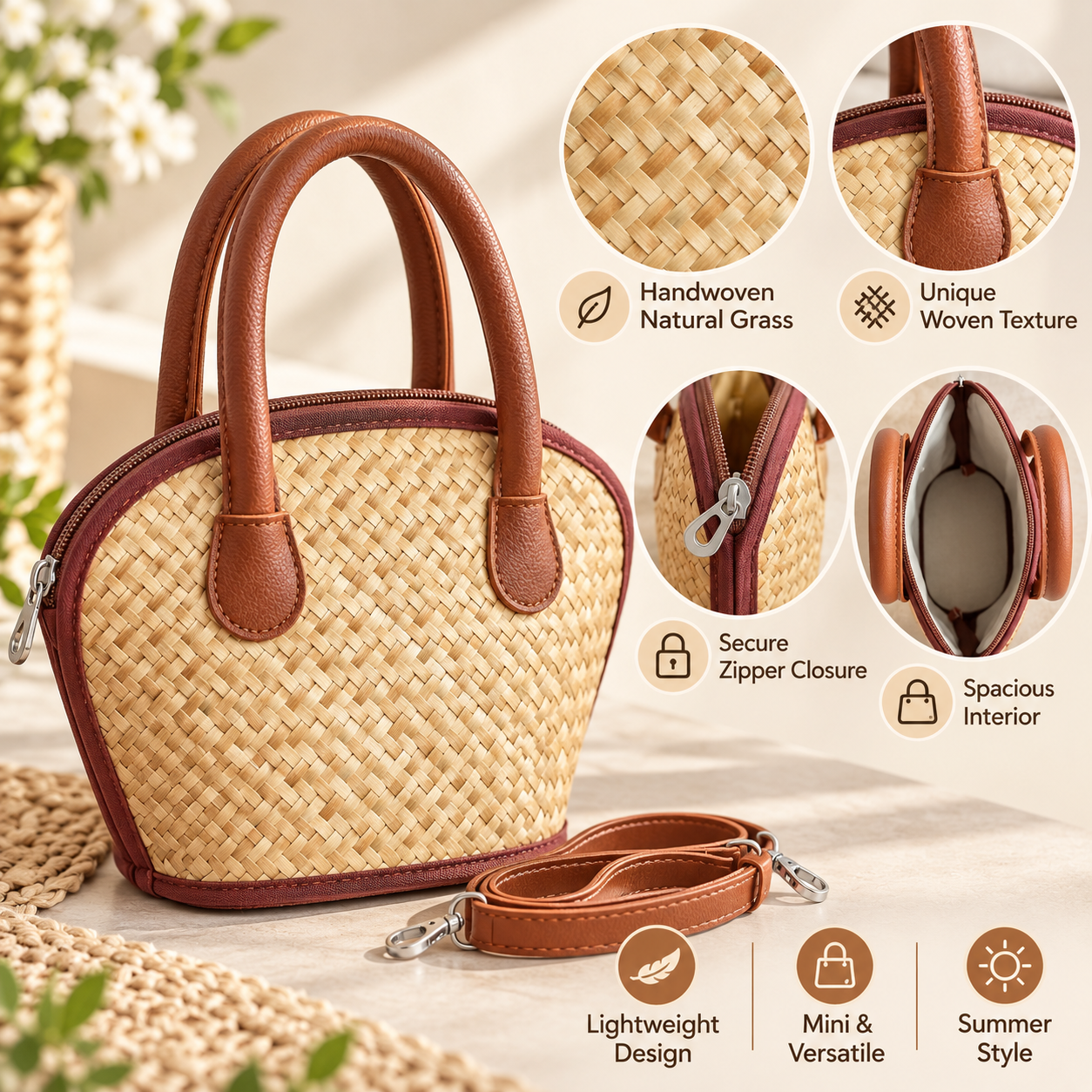 Mini Woven Straw Handbag – Handmade Natural Grass Summer Tote Bag