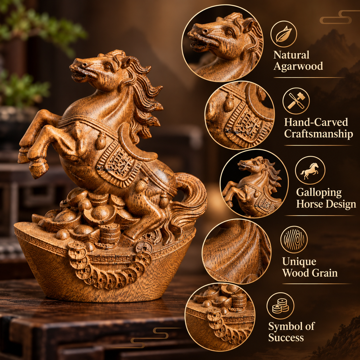 Agarwood Galloping Horse Statue – Hand-Carved Feng Shui Success Horse
