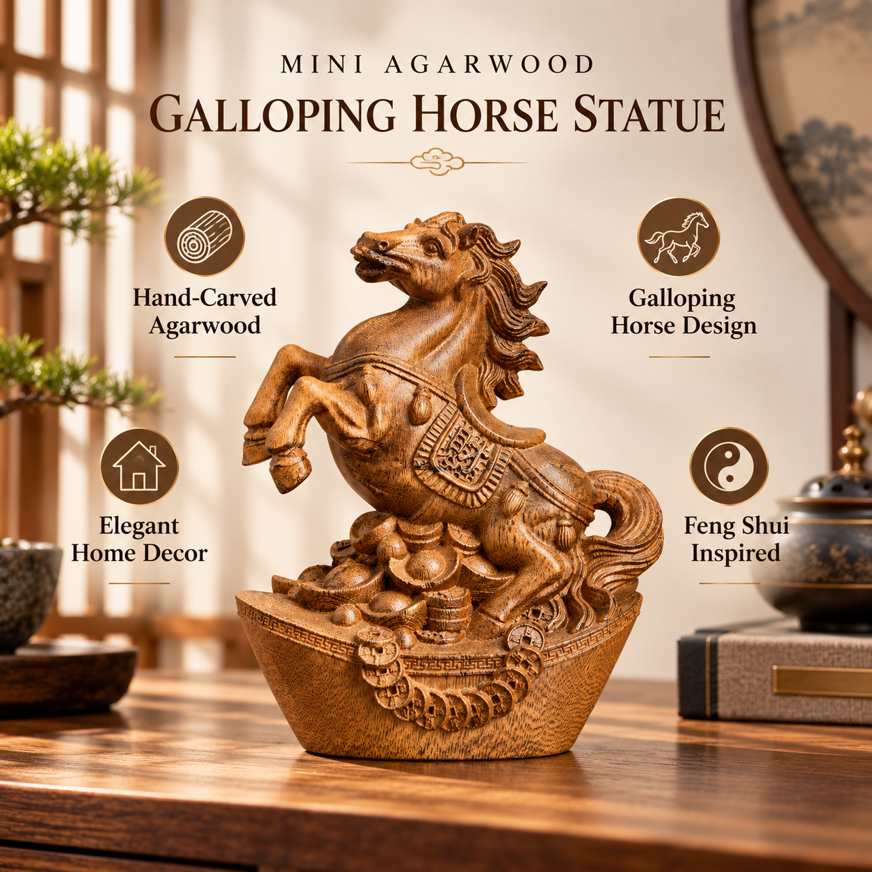 Agarwood Galloping Horse Statue – Hand-Carved Feng Shui Success Horse