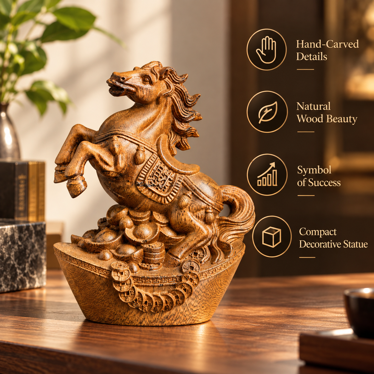 Agarwood Galloping Horse Statue – Hand-Carved Feng Shui Success Horse