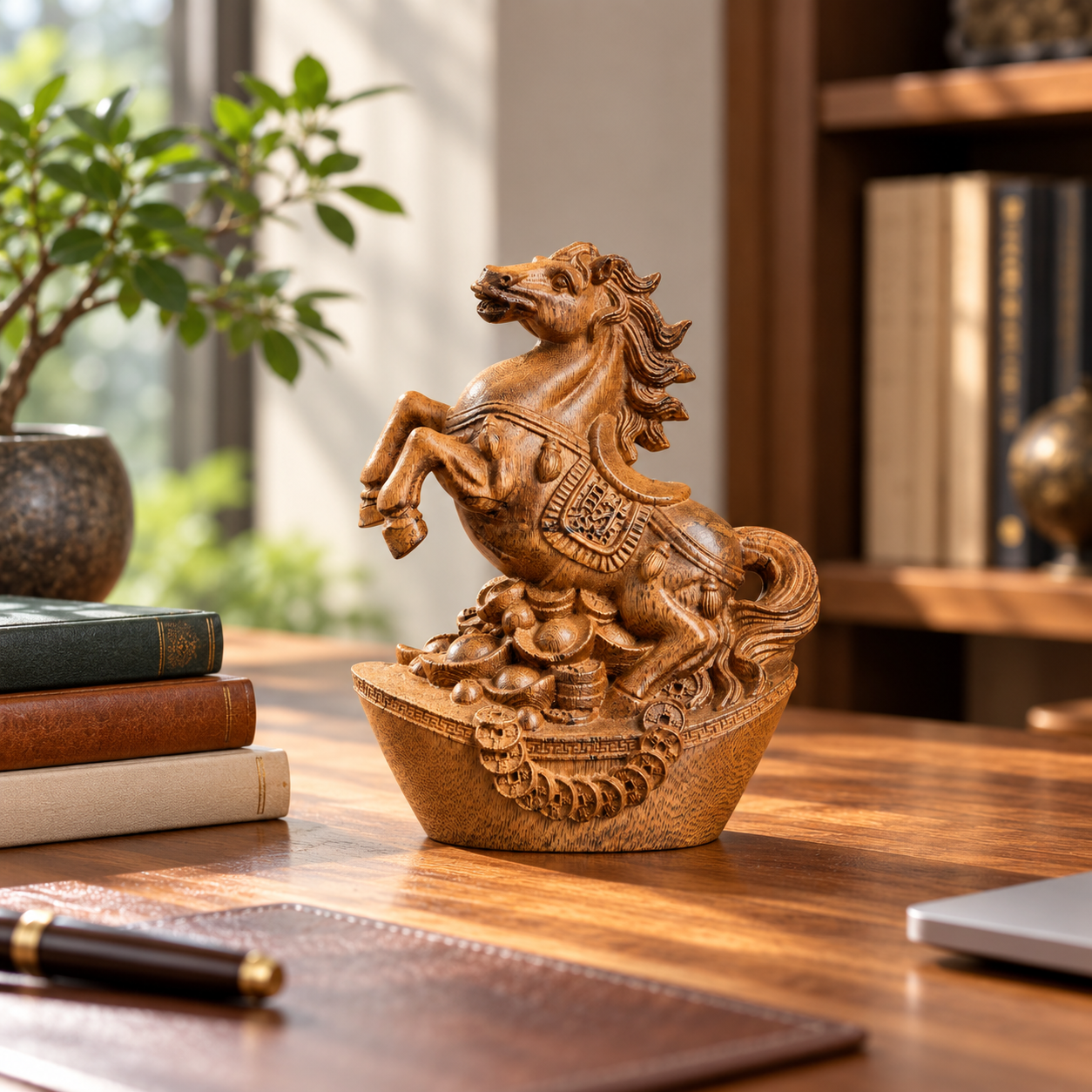 Agarwood Galloping Horse Statue – Hand-Carved Feng Shui Success Horse