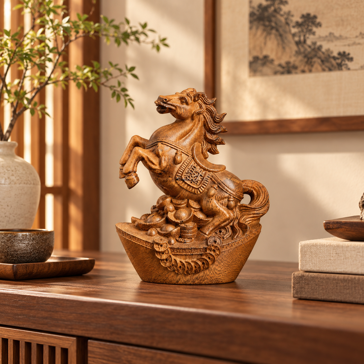 Agarwood Galloping Horse Statue – Hand-Carved Feng Shui Success Horse