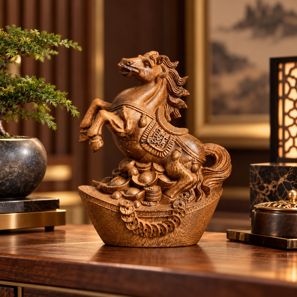 Agarwood Galloping Horse Statue – Hand-Carved Feng Shui Success Horse