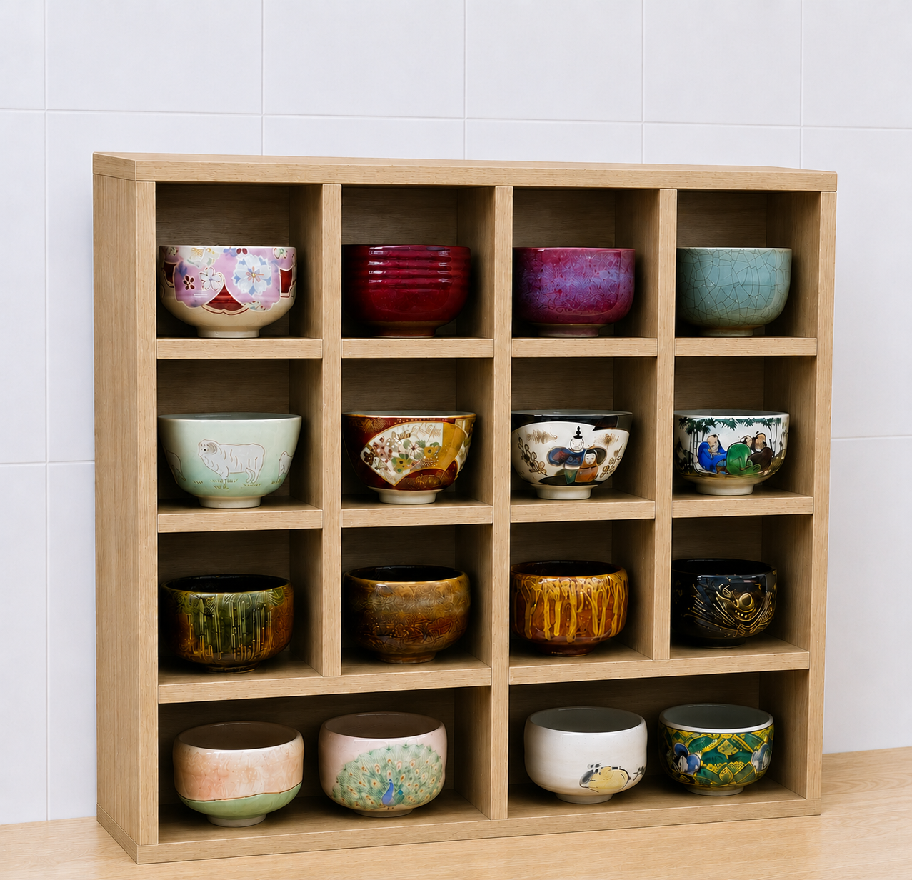 Wooden Display Shelf Organizer, 14 Cube MDF Countertop Storage Rack for Coffee Mugs, Figures, Collectibles, Bonsai & Home Decor, 23.6 x 23.6 x 5.9 Inch, Rustic Oak