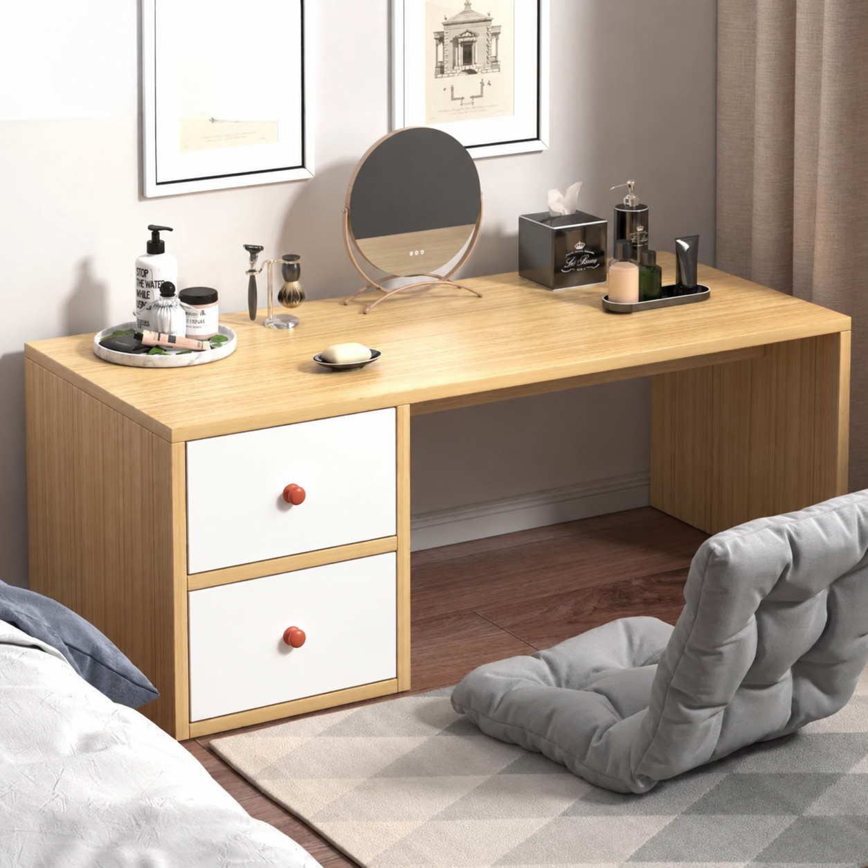 Modern Low Vanity Desk with Drawers – Floor Makeup and Dressing Table, Compact Space-Saving Design for Bedroom, Apartment, or Dorm Room