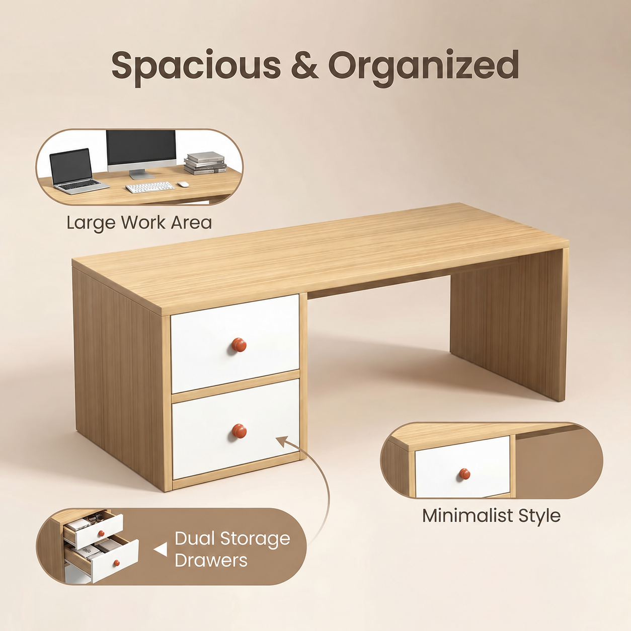 Modern Low Vanity Desk with Drawers – Floor Makeup and Dressing Table, Compact Space-Saving Design for Bedroom, Apartment, or Dorm Room
