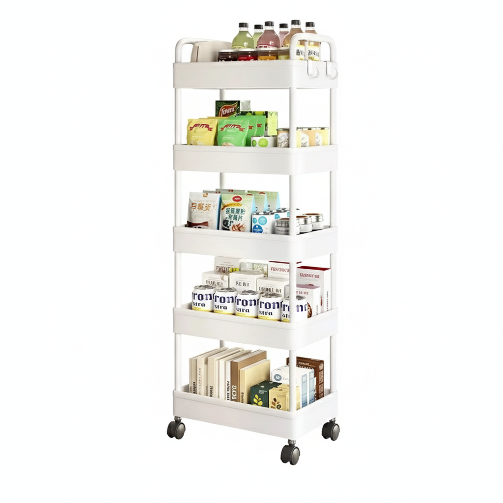 5-Tier Rolling Utility Cart with Wheels, Metal Mesh Storage Organizer for Kitchen, Bathroom, Office – 15.7 x 11.8 x 53.1 in (40 x 30 x 135 cm), Black