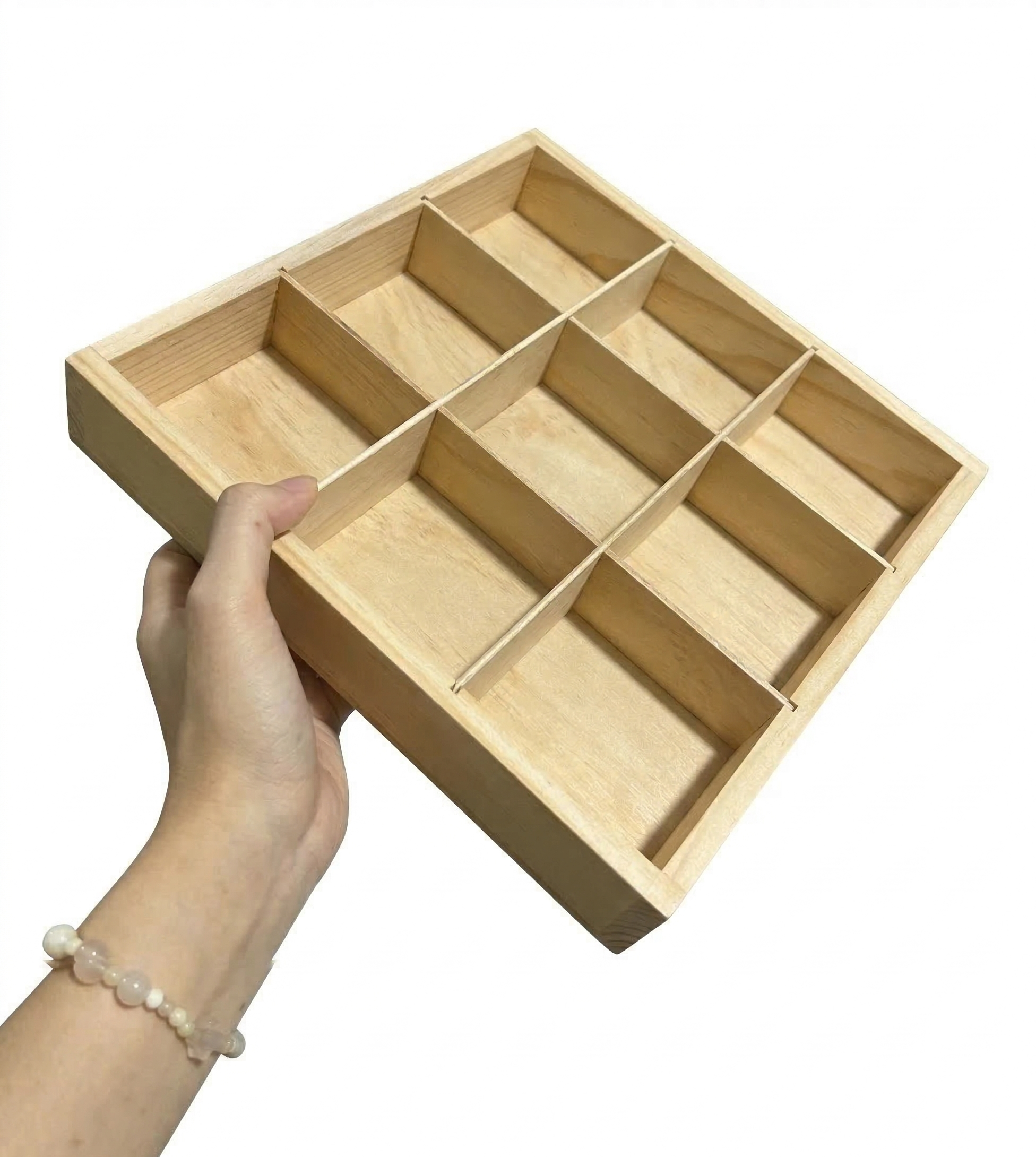 9 Compartments Wood Divider Tray, Square Pine Serving Party Platter for Fruit Snacks Candy, Jewelry Storage Organizer, Space-Saving Drawer Organization 10.6 x 10.6 x 1.57 inch