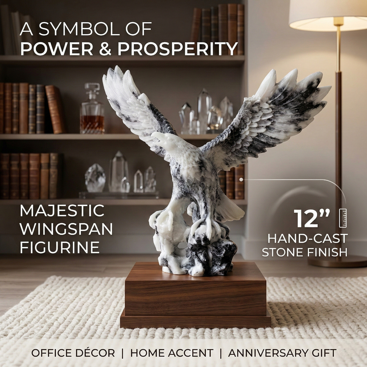 12" Majestic Eagle Statue - Hand-Cast Stone Finish Figurine, for Home Decor - Symbol of Power & Prosperity, Luxury Gift for Office & Living Room
