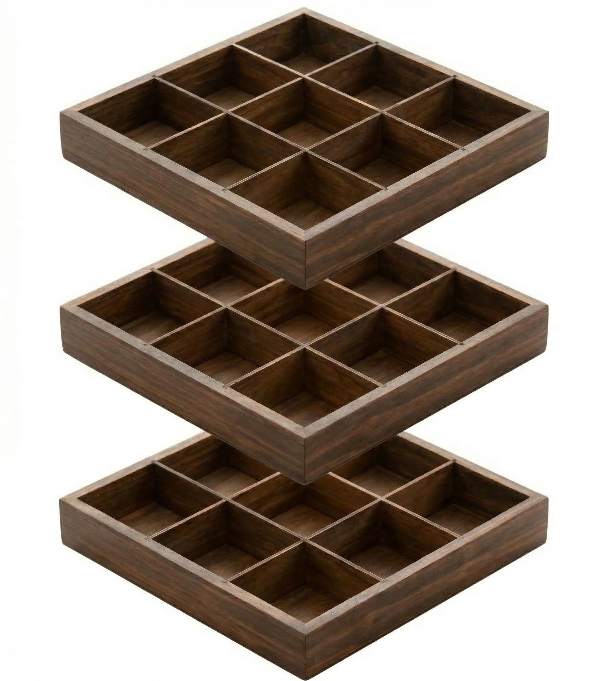 9 Compartments Wood Divider Tray, Square Pine Serving Party Platter for Fruit Snacks Candy, Jewelry Storage Organizer, Space-Saving Drawer Organization 10.6 x 10.6 x 1.57 inch