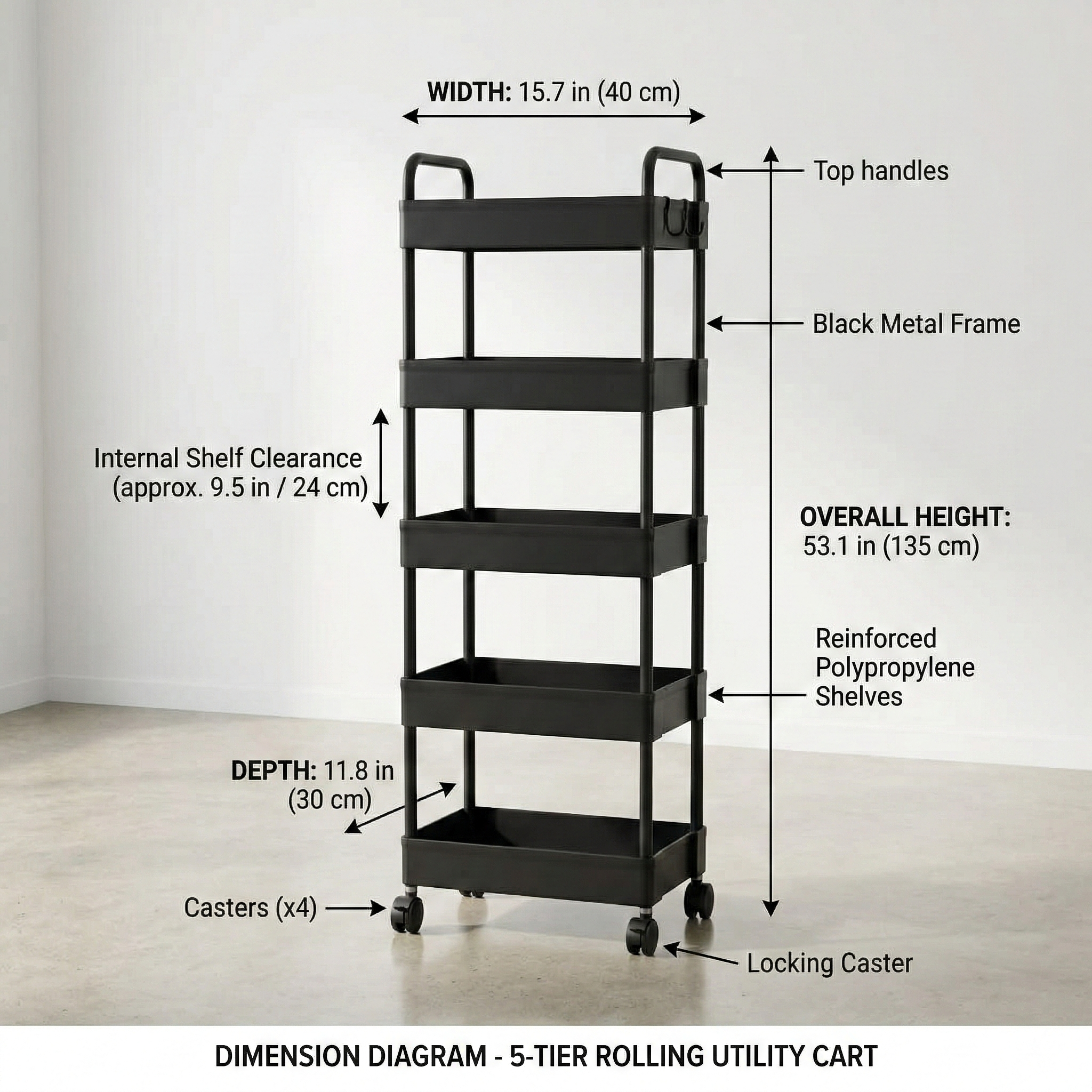 5-Tier Rolling Utility Cart with Wheels, Metal Mesh Storage Organizer for Kitchen, Bathroom, Office – 15.7 x 11.8 x 53.1 in (40 x 30 x 135 cm), Black