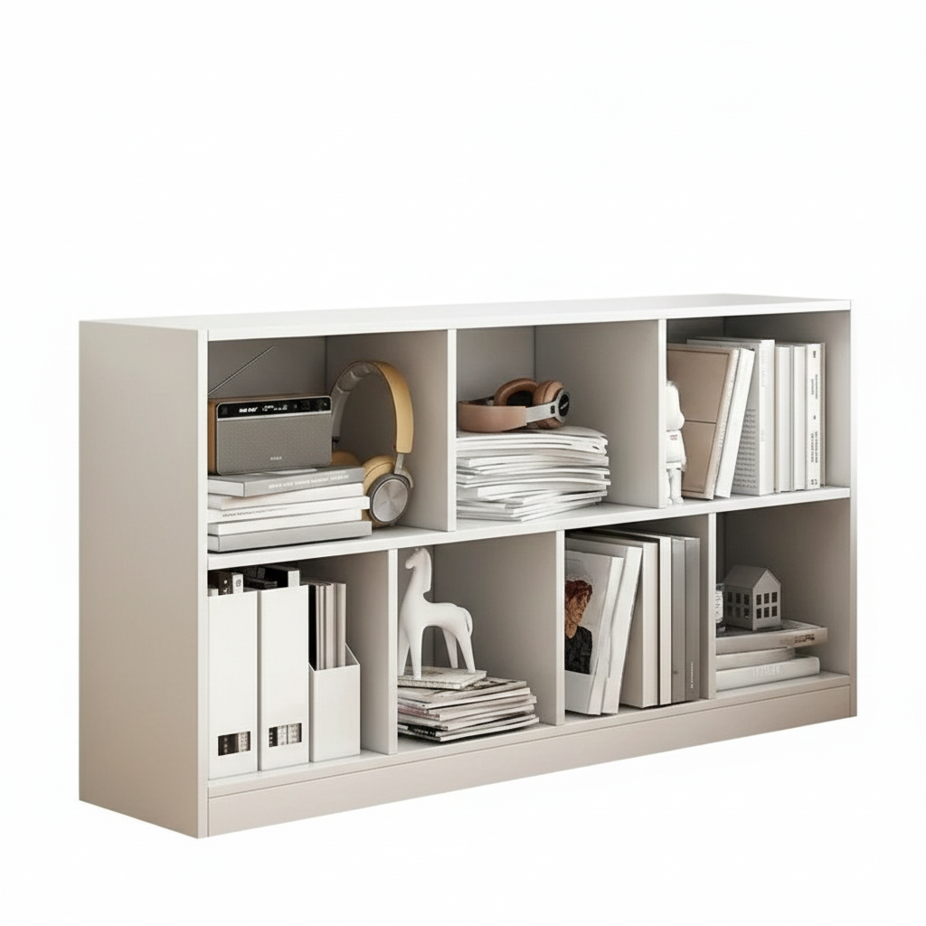 47" Horizontal Bookshelf, 2-Tier Low Profile Wood Storage Organizer, Modern Nordic Open Display Shelf Made of 12mm Premium MDF, Moisture-Proof Floor Shelving for Living Room, Office, White