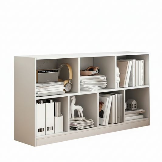 47" Horizontal Bookshelf, 2-Tier Low Profile Wood Storage Organizer, Modern Nordic Open Display Shelf Made of 12mm Premium MDF, Moisture-Proof Floor Shelving for Living Room, Office, White