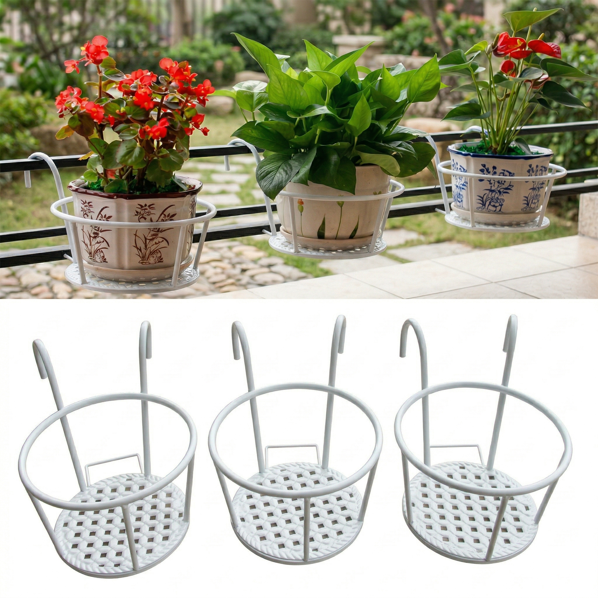 Iron Art Hanging Plant Holder for Balcony, Patio, Porch - Metal Railing Flower Pot Basket Stand for Outdoor, Indoor, Succulent, and Flower Plants 8.7 x 7.1 x 4.7 in