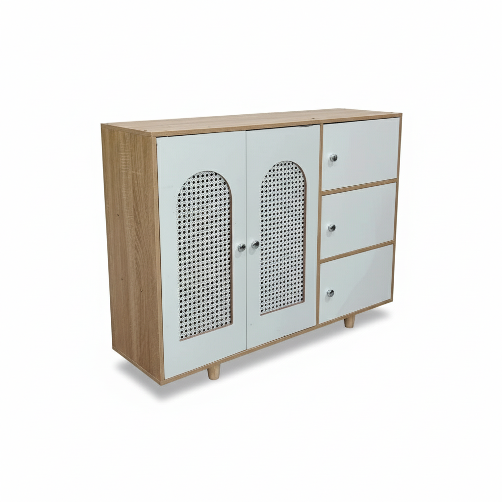 Modern MDF Storage Cabinet with Rattan-Style Doors and Drawers – Multi-Compartment Organizer for Living Room, Bedroom, or Kitchen, 39.4 x 11.8 x 29.9 in (100 x 30 x 76 cm)