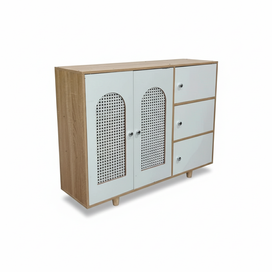 Modern MDF Storage Cabinet with Rattan-Style Doors and Drawers – Multi-Compartment Organizer for Living Room, Bedroom, or Kitchen, 39.4 x 11.8 x 29.9 in (100 x 30 x 76 cm)