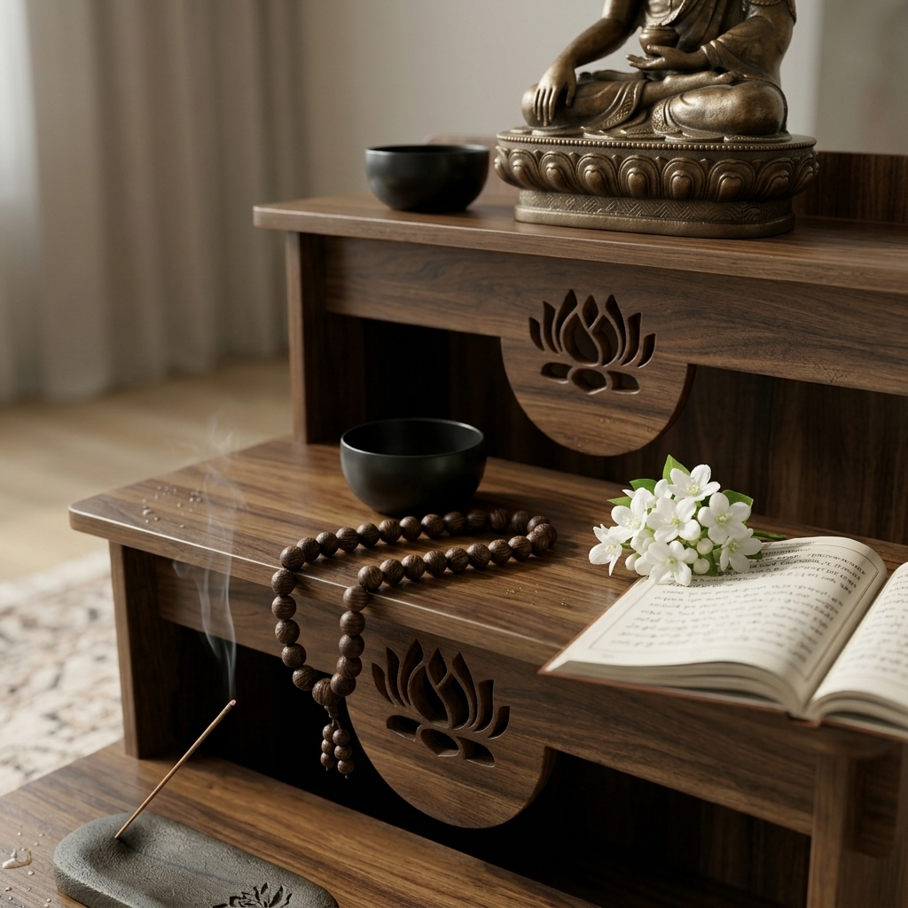 3-Tier Buddhist Altar Table for Prayer & Meditation, Zen Style Wooden Shrine Cabinet with Storage Drawer, MDF Melamine Home Worship Table 23.2 x 24.4 x 26.8 in (59 x 62 x 68 cm)