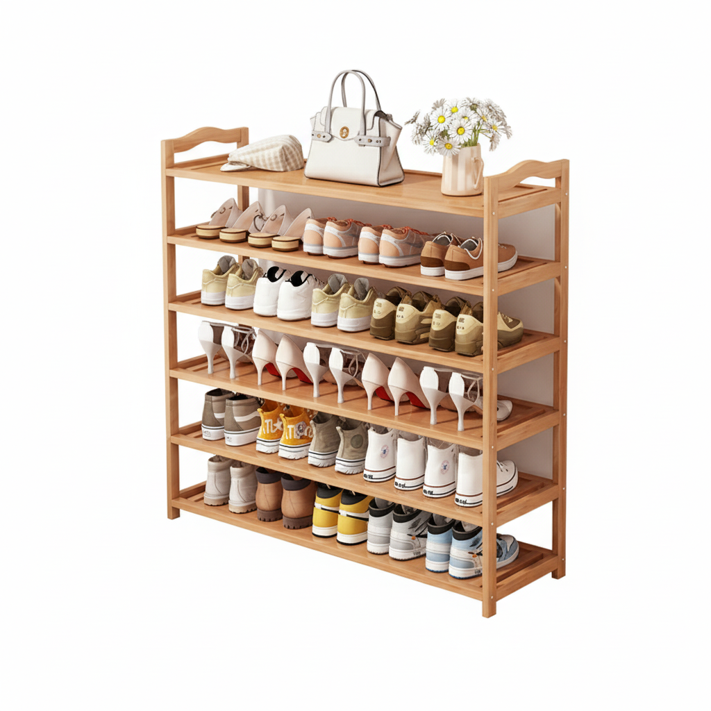 6-Tier Wooden Shoe Rack Organizer with Open Shelves – Space-Saving Storage for Entryway, Closet, or Living Room – 39.4 x 9.8 x 40.2 in (100 x 25 x 102 cm)