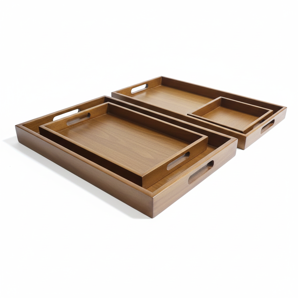 Set of 3 Solid Oak Wood Serving & Storage Trays - Walnut Stain