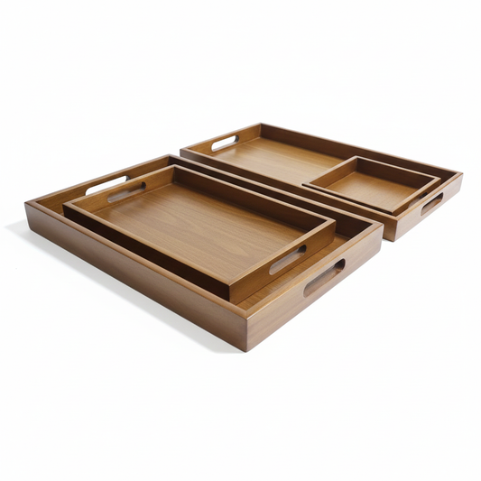 Set of 3 Solid Oak Wood Serving & Storage Trays - Walnut Stain