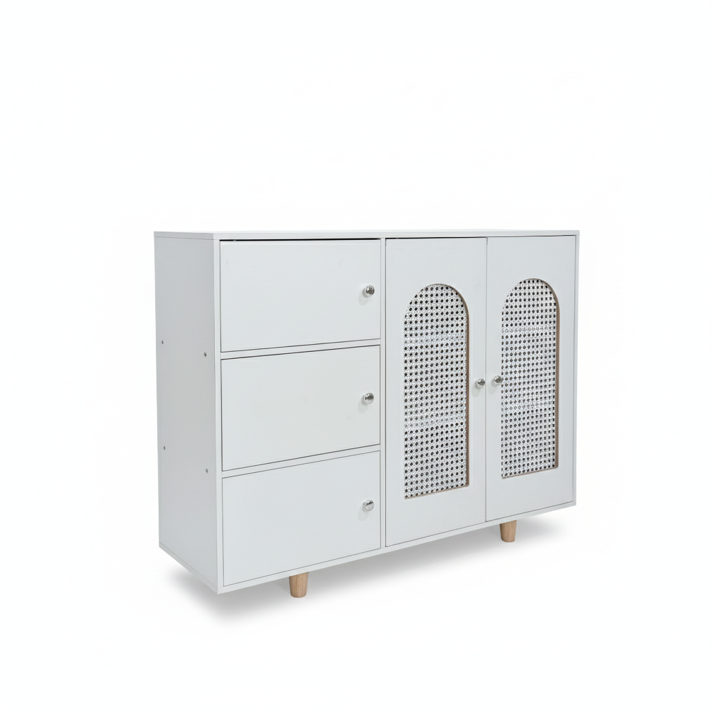 Modern MDF Storage Cabinet with Rattan-Style Doors and Drawers – Multi-Compartment Organizer for Living Room, Bedroom, or Kitchen, 39.4 x 11.8 x 29.9 in (100 x 30 x 76 cm)