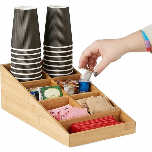 Coffee & Tea Station Organizer - 7 Compartments Coffee Bar for Office & Kitchen Countertop Organization - for Neatly Holding Tea Bags, Cups, Coffee filters, Spoons, Sugar and More