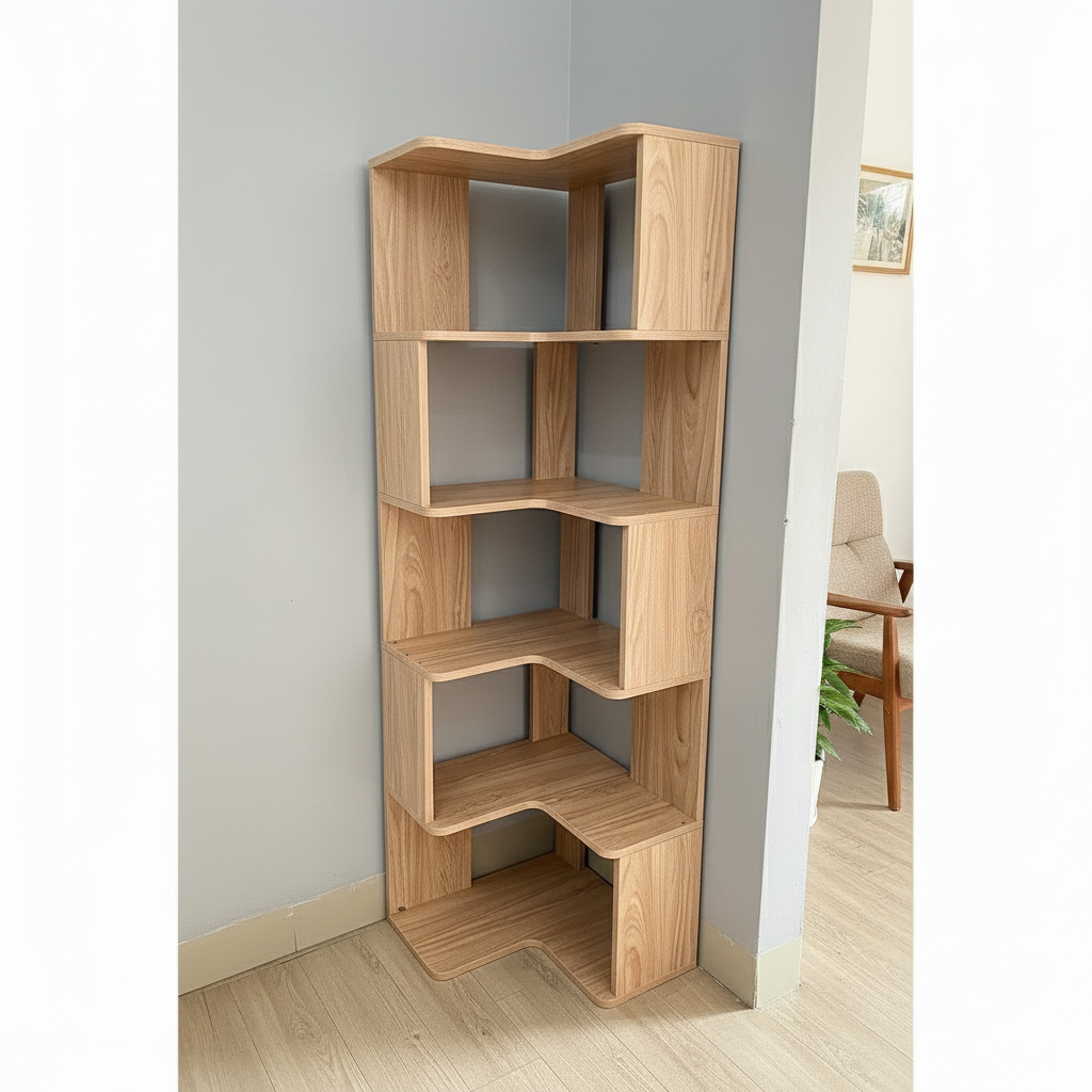 35 units 90-Degree Corner Wooden Bookshelf – 5-Tier Walnut Veneer Standing Storage Rack for Living Room or Office, 15.7 x 15.7 x 59.1 in (400 x 400 x 1500 mm)