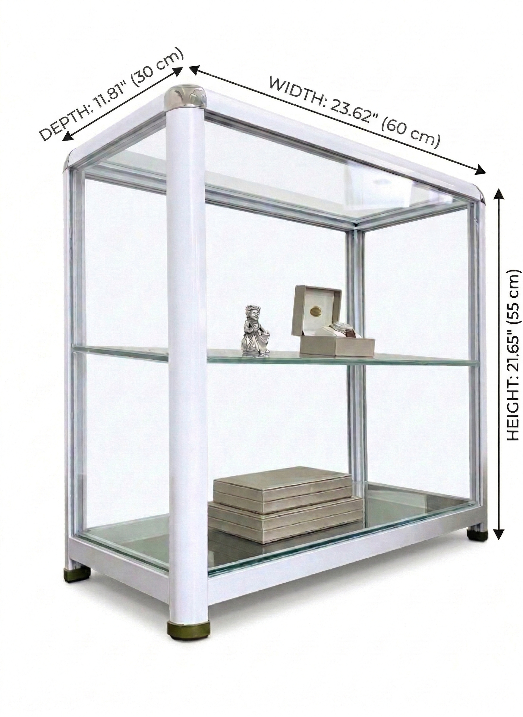 Glass Display Cabinets for Retail & Cafés – Aluminum Frame Counter Showcase with Forward-Sloped Shelf (2 Sizes Available)